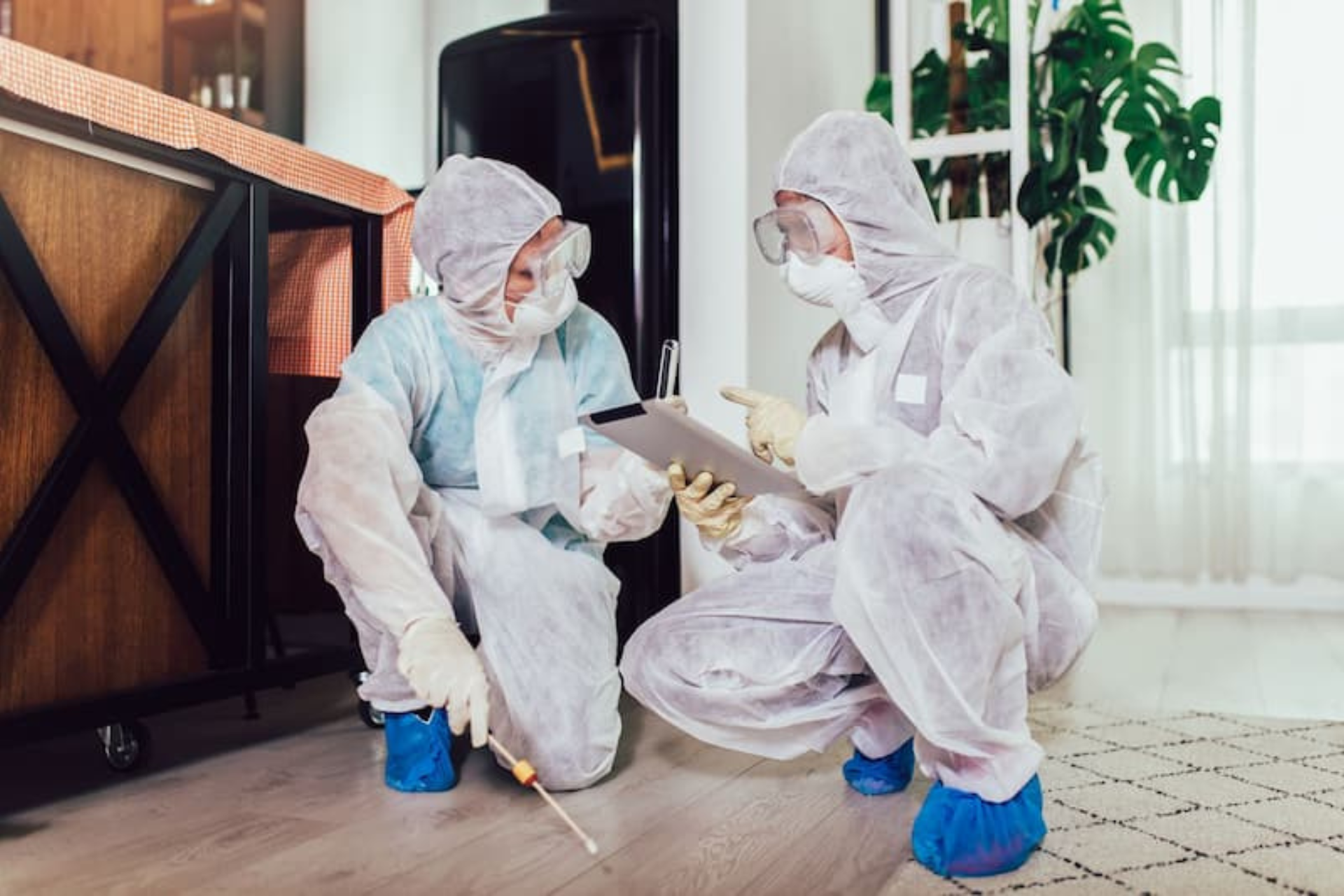 Two pest worker in hazmat suits examine a spot on a living room floor, one using a swab and the other holding a tablet.