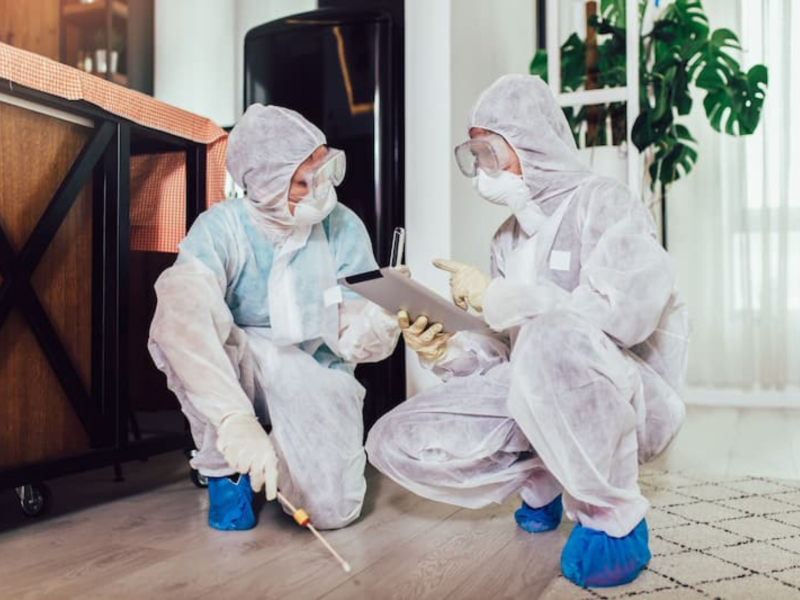 Two pest worker in hazmat suits examine a spot on a living room floor, one using a swab and the other holding a tablet.